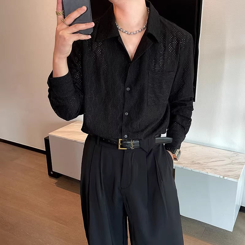 Retro Hollow Suit Collar Casual Shirt