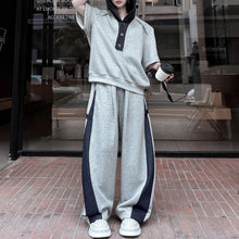 Load image into Gallery viewer, American Casual Contrast Color Stitching Hooded Sweatshirt Wide Leg Trousers Two-piece Set
