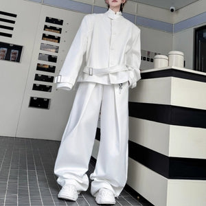 Deconstructed Button Belt-embellished Jacket Wide-leg Trousers Two-piece Suit