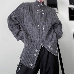 Button Stand Collar Loose Sweater