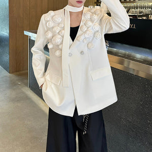 3D Rose V-neck Shoulder Pad Ribbon Jacket