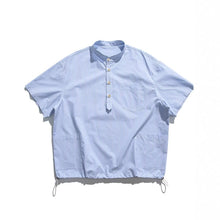 Load image into Gallery viewer, Blue White Striped Band Collar Casual Popover Shirt
