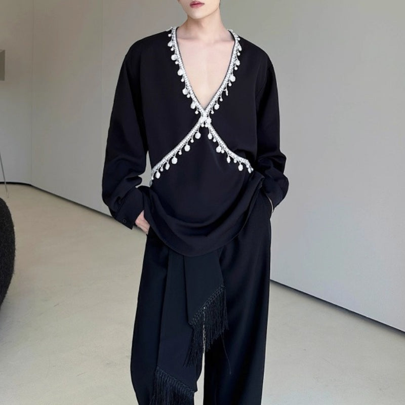 French V-neck Beaded Loose Shirt
