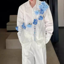 Load image into Gallery viewer, 3D Blue Handmade Floral Long-Sleeved Shirt
