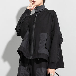 Black Loose Ruffle Long Sleeve Short Jacket