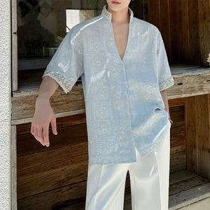 Stand Collar Embroidered Rhinestone V-neck Shirt