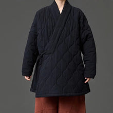 Load image into Gallery viewer, Padded Quilted Wave Cross Collar Wrap Side Tie Loose Hanfu Cardigan
