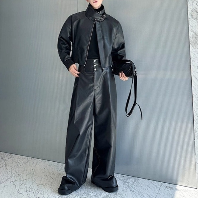 Stand-up Collar Leather Jacket and Wide-leg Leather Pants Two-piece Set