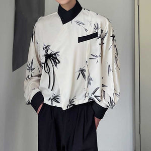 Cross-neck Lace-up Bamboo Print Long-sleeved Shirt