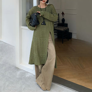 V-neck High Slit Hollow Knit Sweater