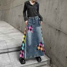 Load image into Gallery viewer, Paneled Contrast Plaid High-waist Denim Skirt
