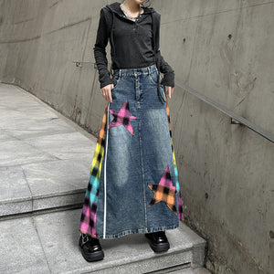 Paneled Contrast Plaid High-waist Denim Skirt