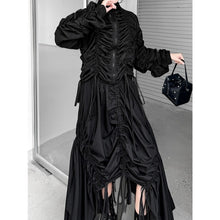 Load image into Gallery viewer, Women's Drawstring Ruched Stand Collar Top Irregular Fringe Skirt Two-piece Set
