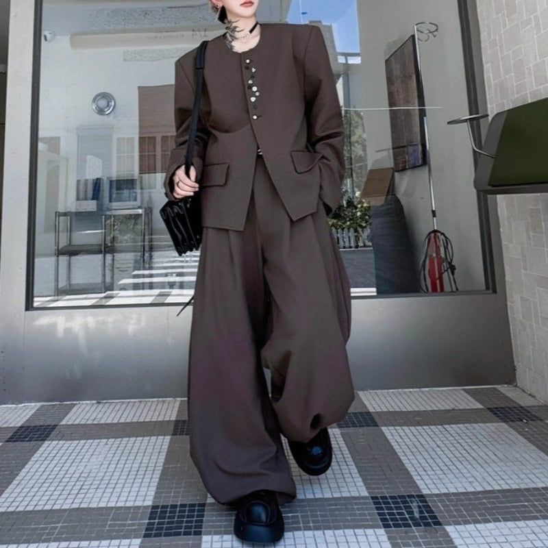 Padded Shoulder Round Neck Jacket and Wide-leg Trousers Two-piece Set