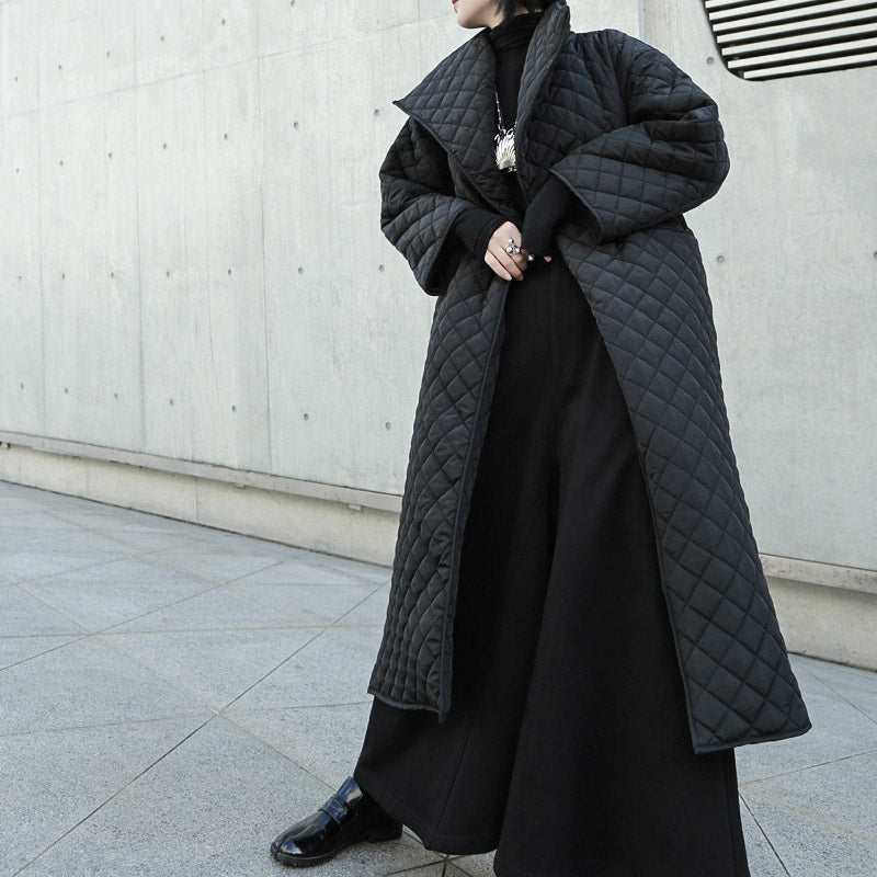 High Collar Rhombus Side Slit Long Cotton Coat