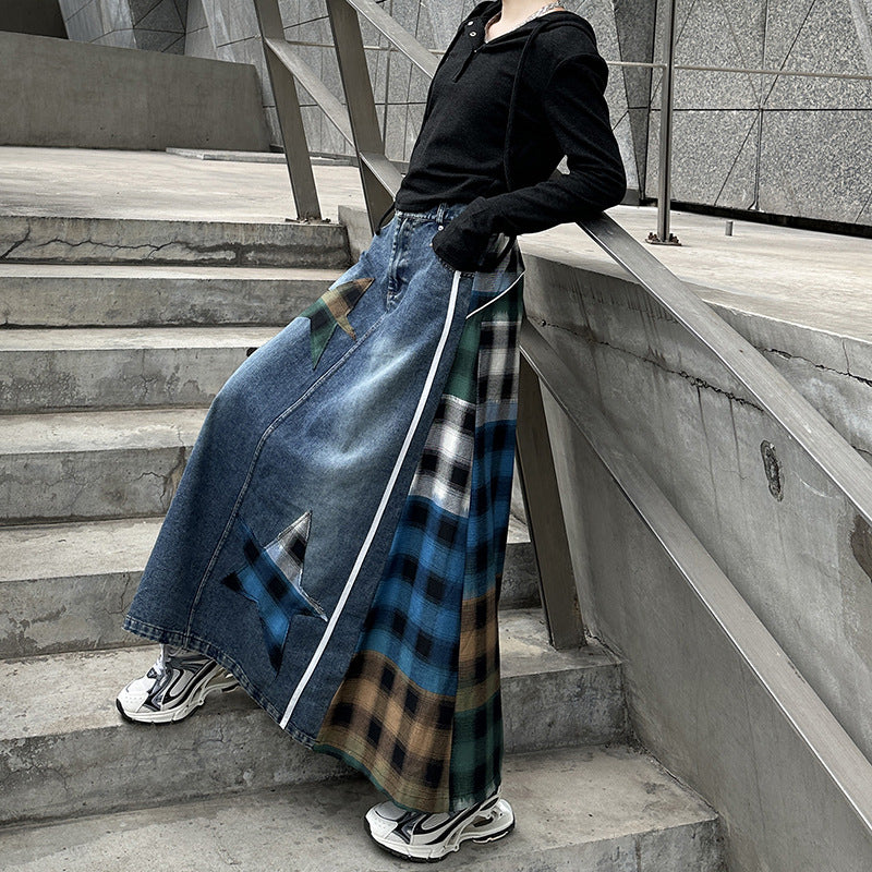 Paneled Contrast Plaid High-waist Denim Skirt