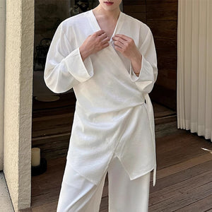 Silky Shiny Satin Tie Long-sleeved Shirt Casual Trousers Two-piece Suit