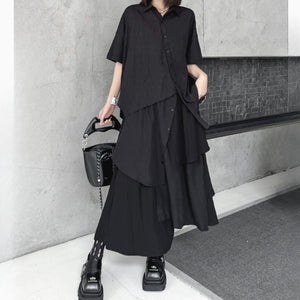 Irregular Loose Solid Color Shirt Elastic Waist Skirt