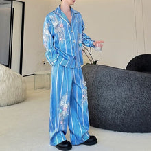 Load image into Gallery viewer, Blue Striped 3D Floral Striped Stage Shirt and Casual Pants Two-piece Set
