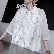 Load image into Gallery viewer, Mesh Embroidery Paneled Lapel Shirt
