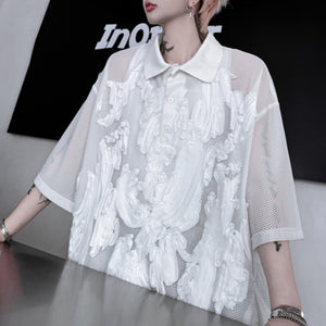 Mesh Embroidery Paneled Lapel Shirt