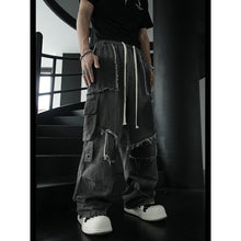 Load image into Gallery viewer, Frayed-edge Black-dyed Metallic Patchwork Jeans

