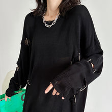 Load image into Gallery viewer, Round Neck Dark Ripped Sweater

