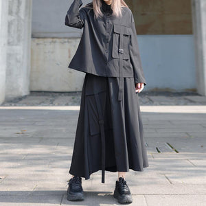 Loose Black Long-sleeved Shirt and Skirt Two-piece Suit