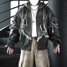 Load image into Gallery viewer, Patchwork Leather Distressed Frayed Edge Denim Hooded Jacket
