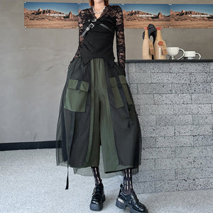 Mesh Stitching Large Pocket Workwear Wide-leg Pants