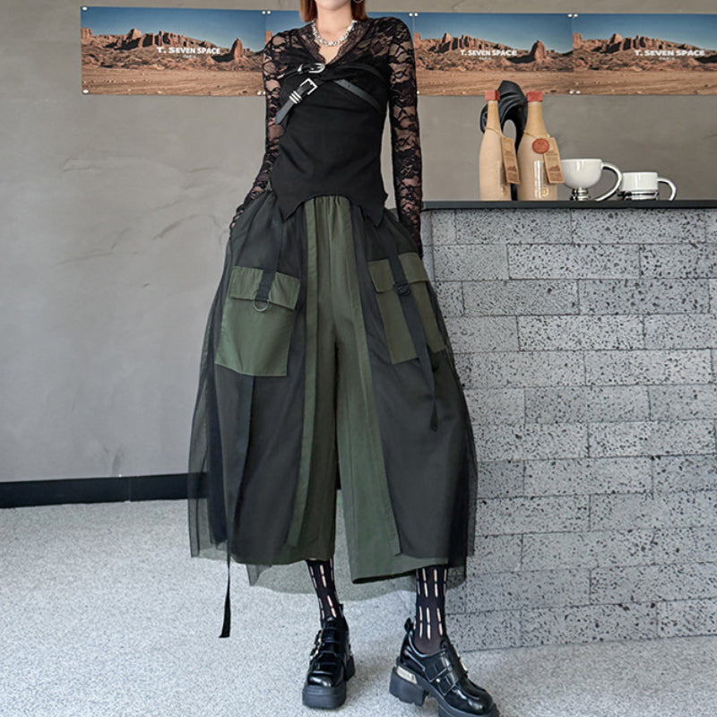 Mesh Stitching Large Pocket Workwear Wide-leg Pants