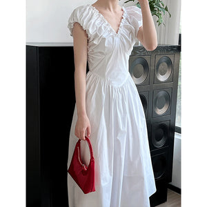 French Waist Halter V-neck Pleated Dress