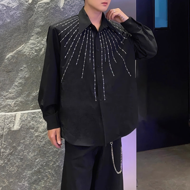 Lapel Loose Rhinestone Solid Color Shirt