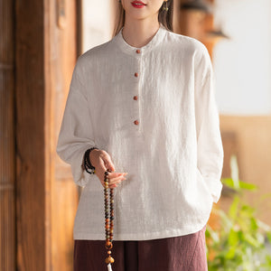Linen Stand Collar Colorblock Buttoned Pullover Shirt