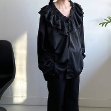Load image into Gallery viewer, Padded Shoulder Ruffle Collar Loose Drape Shirt
