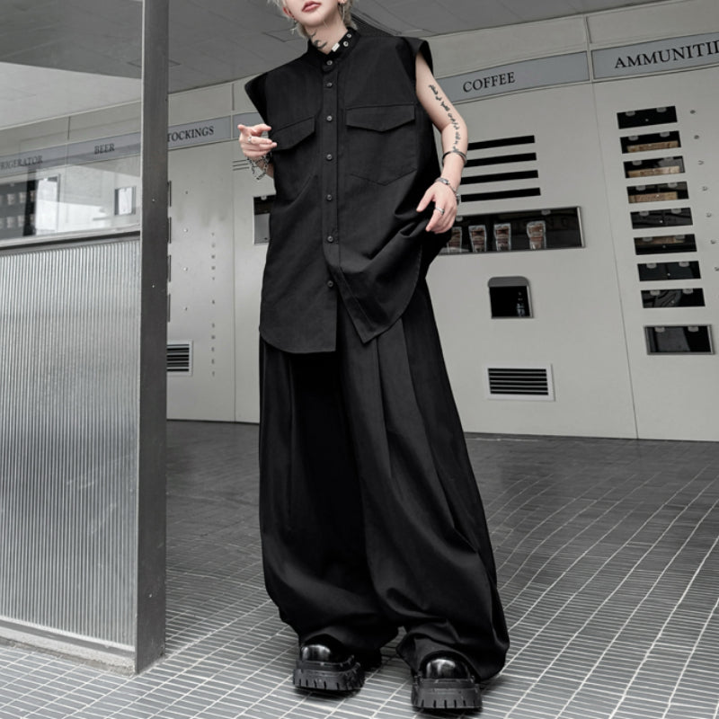 Stand Collar Sleeveless Shirt Casual Trousers Two-piece Suit