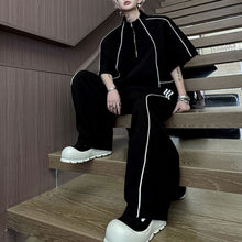 Load image into Gallery viewer, American Style Stand-up Collar Contrast Color T-shirt Zipper Wide-leg Trousers Two-piece Suit
