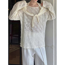 Load image into Gallery viewer, Floral Cutout Lace Pearl Shawl Overlay Crew Neck Loose Long Sleeve Shirt
