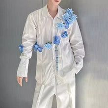 Load image into Gallery viewer, 3D Blue Handmade Floral Long-Sleeved Shirt
