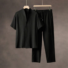 Load image into Gallery viewer, Summer Thin Ice Silk Short Sleeve V-Neck Cardigan Drawstring Pants Two-Piece Set
