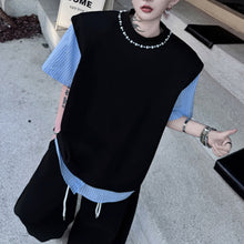 Load image into Gallery viewer, Faux Two-Piece Spliced Beaded Shoulder-Pad Short-Sleeve T-Shirt
