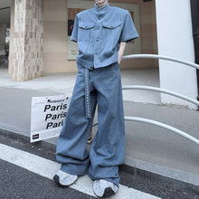 Load image into Gallery viewer, Vintage Denim Two-Piece Set Hand-Beaded Stand-Collar Short-Sleeve Jacket &amp; Wide-Leg Trousers
