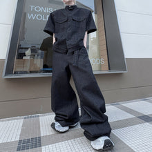 Load image into Gallery viewer, Vintage Denim Two-Piece Set Hand-Beaded Stand-Collar Short-Sleeve Jacket &amp; Wide-Leg Trousers
