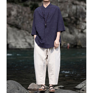 Cotton and Linen Jacquard Vintage Half Sleeve Shirt