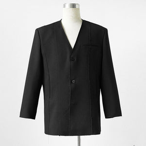 Hand-sewn Raw-edge Collarless Suit Jacket Loose-fitting Pants Two-piece Suit