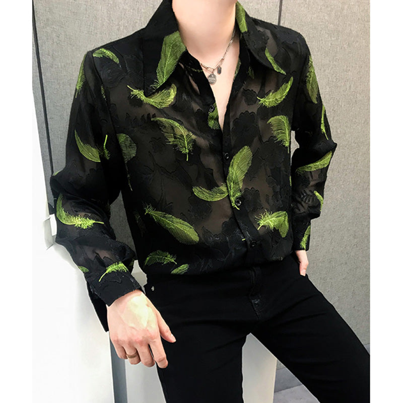 Irregular Cut-out Feather Print Casual Shirt