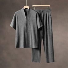 Load image into Gallery viewer, Summer Thin Ice Silk Short Sleeve V-Neck Cardigan Drawstring Pants Two-Piece Set
