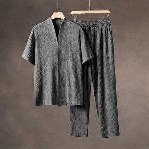 Summer Thin Ice Silk Short Sleeve V-Neck Cardigan Drawstring Pants Two-Piece Set