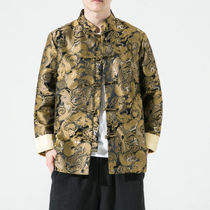 Loose Stand Collar Dragon Pattern Jacquard Disc Button Jacket