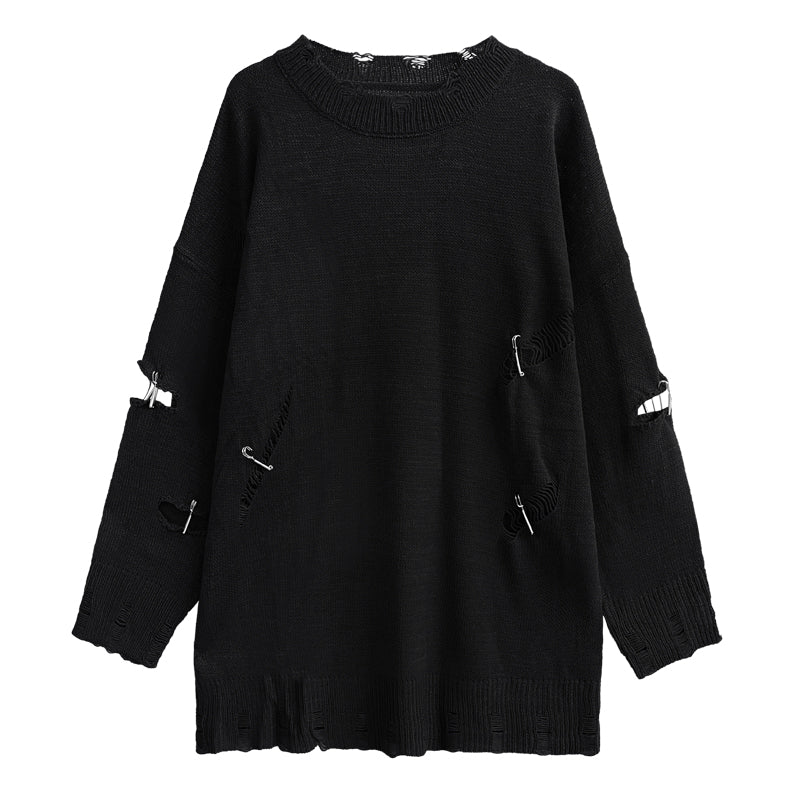 Round Neck Dark Ripped Sweater